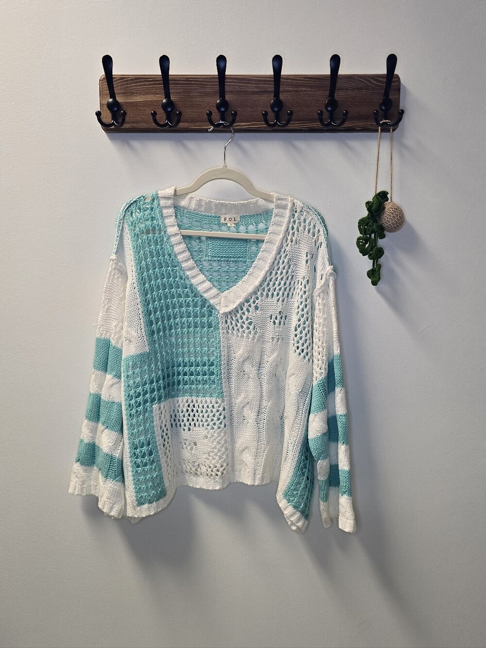POL Turquoise & White Open Weave Crochet Stripped Patchwork V-Neck Sweater
